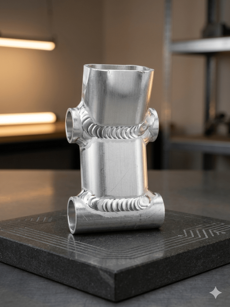 展示高品質客製化零件開發成果:鋁合金精密加工件,呈現完美的自動化 TIG 魚鱗焊道。